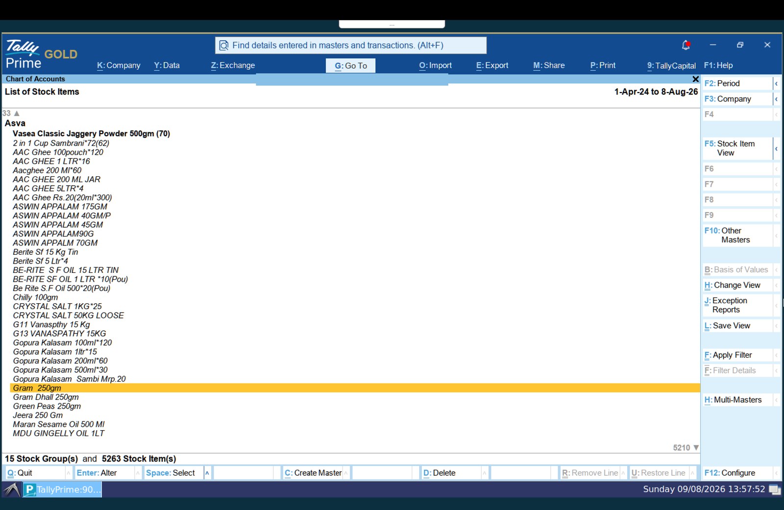 Tally Prime showing a list of stock items written as shorthand, such as AAC GHEE 1 LTR*16 and Gopura Kalasam 200ml*60. The status bar reads 15 stock groups and 5,263 stock items.