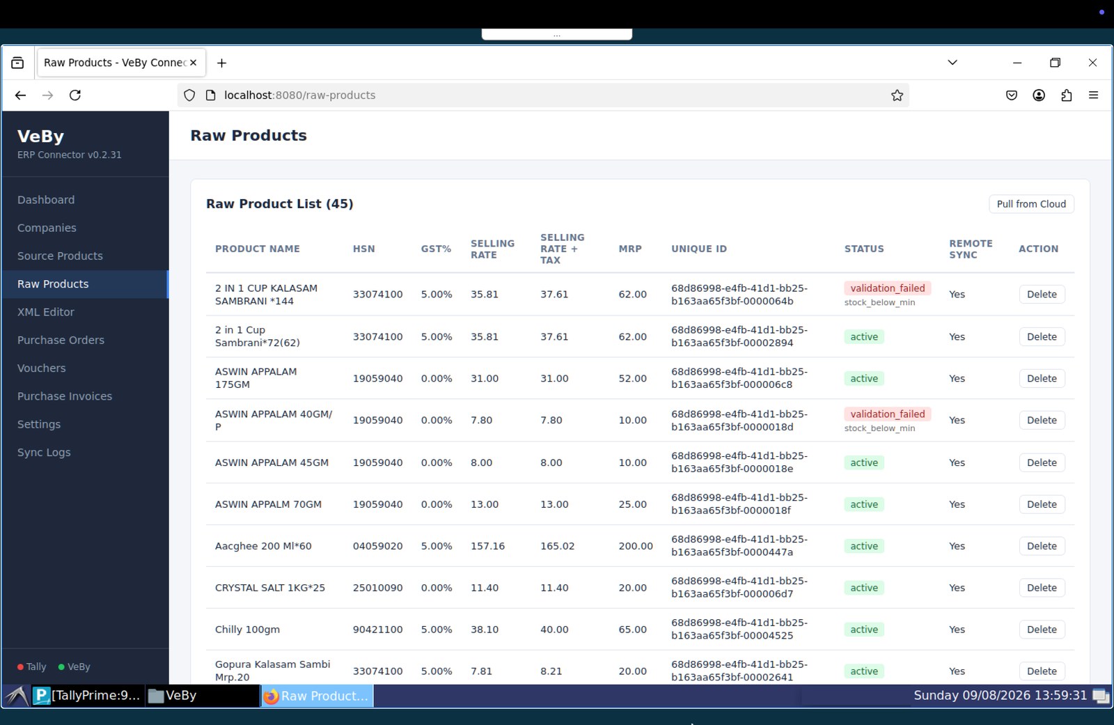 The ERP connector listing raw products pulled from Tally, each with HSN code, GST percentage, selling rate, MRP and a status of either active or validation failed.
