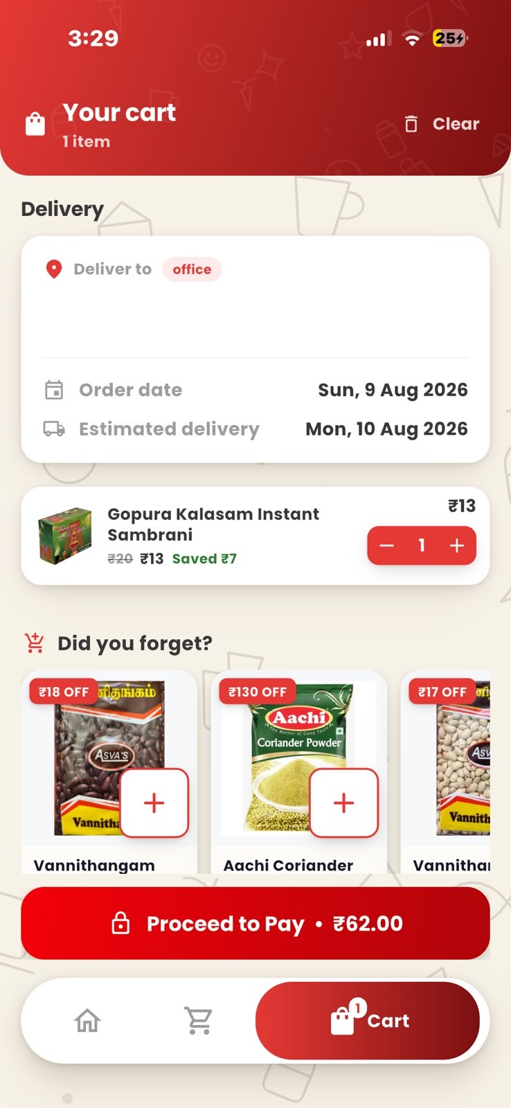 The customer app cart showing Gopura Kalasam Instant Sambrani at thirteen rupees, reduced from twenty, with a product photograph.